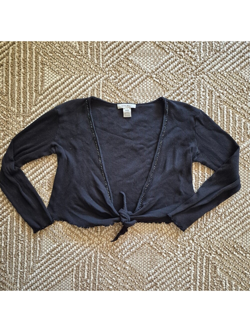 Y2K Black Ribbed Beaded Tie-Front Crop Cardigan Nine West M